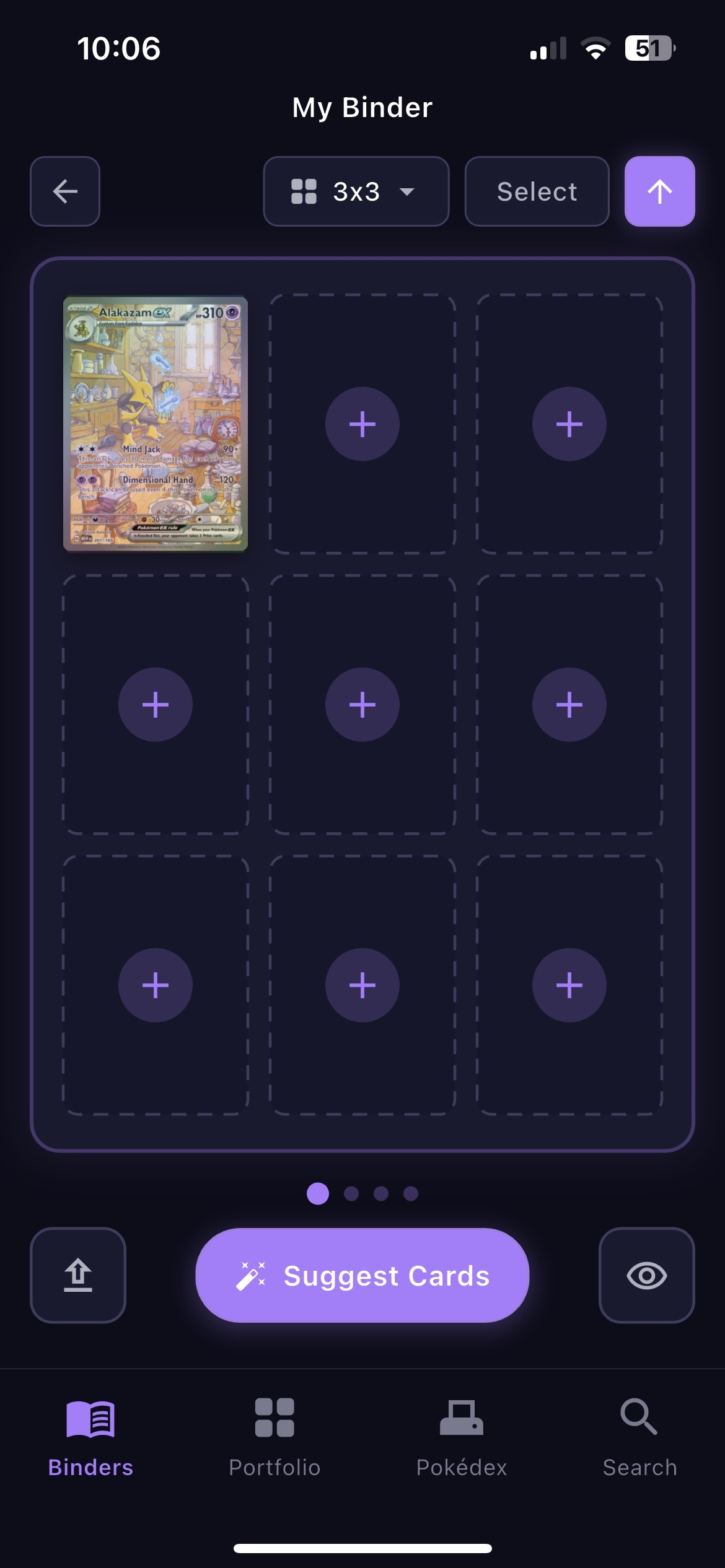 BinderWiz Pokemon TCG binder selection screen