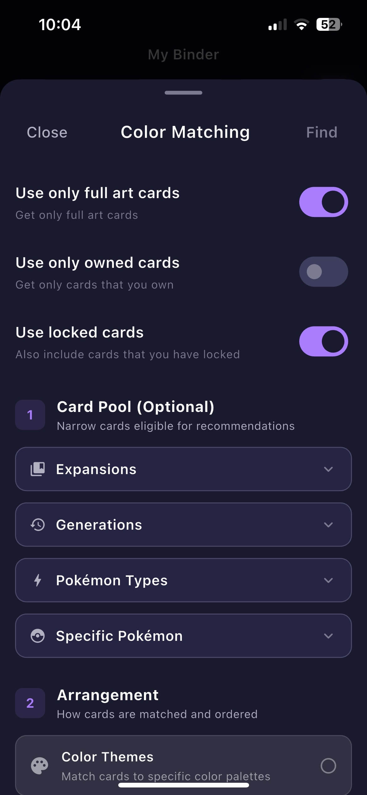 BinderWiz Pokemon card recommendation screen