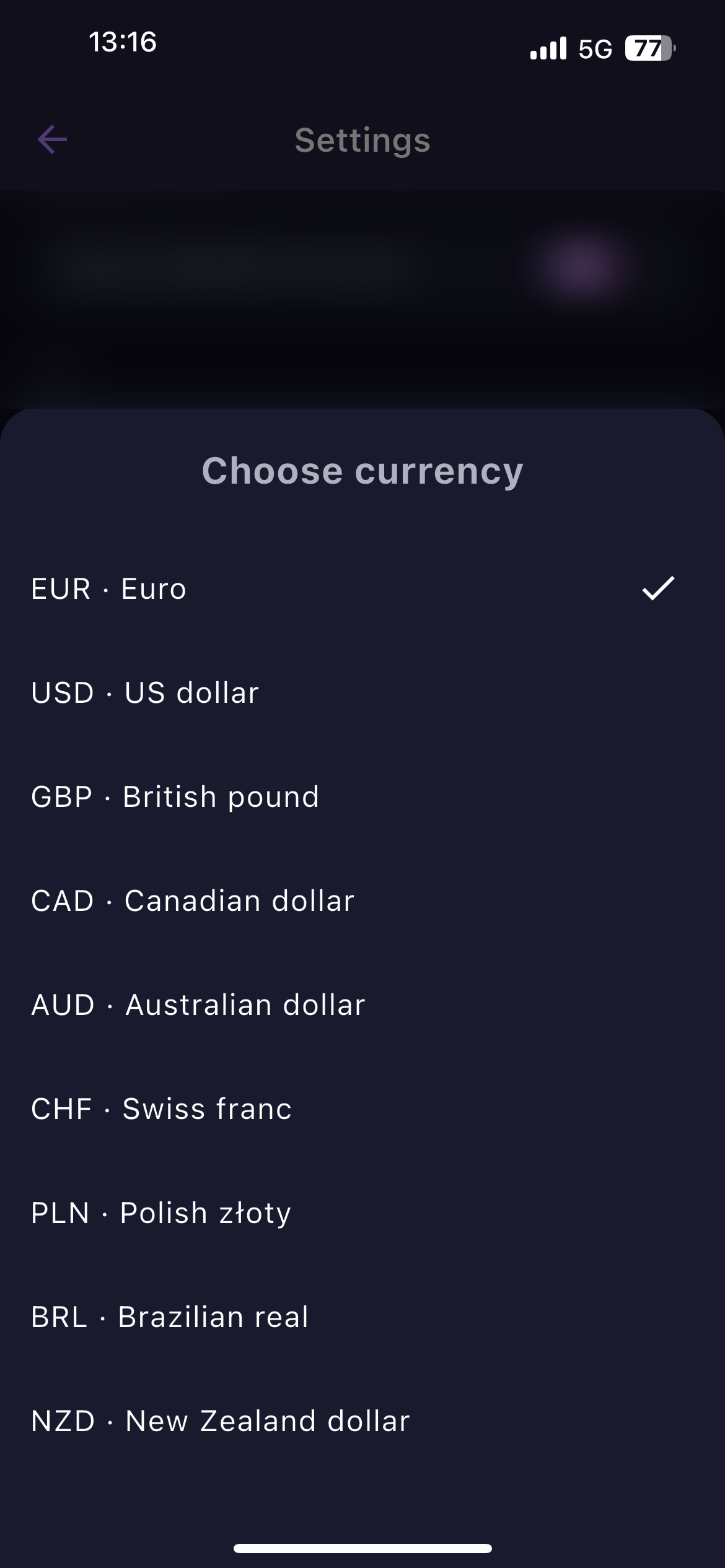 BinderWiz currency selection with EUR, USD, GBP, and more
