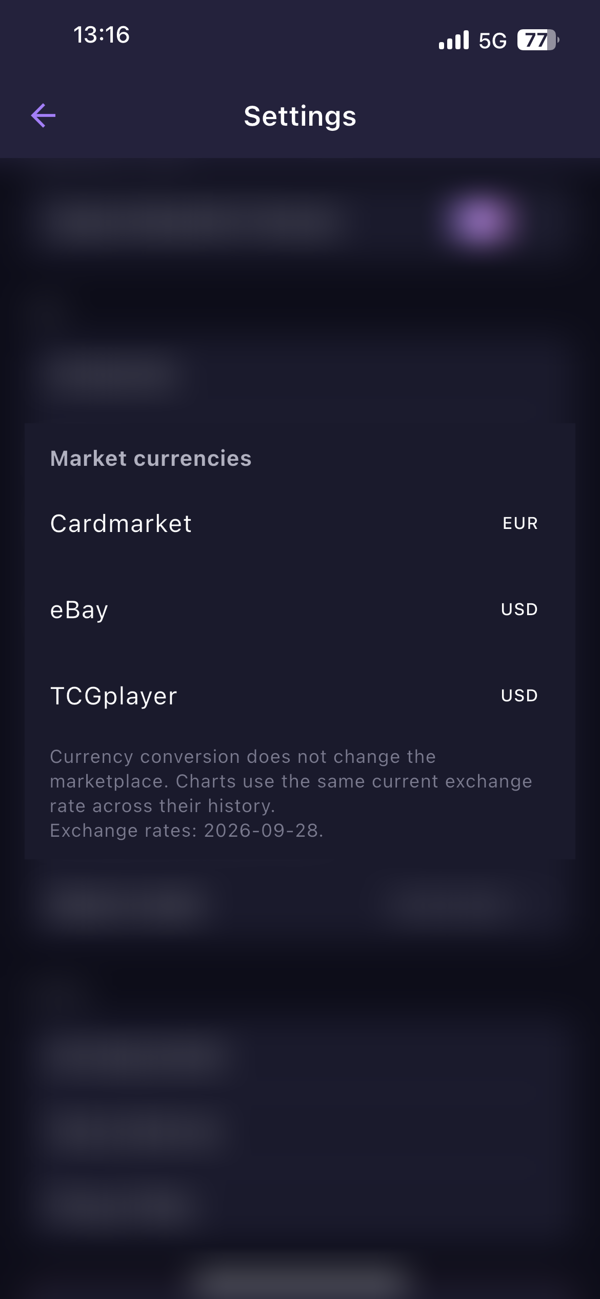 BinderWiz currency settings for Cardmarket, eBay, and TCGPlayer