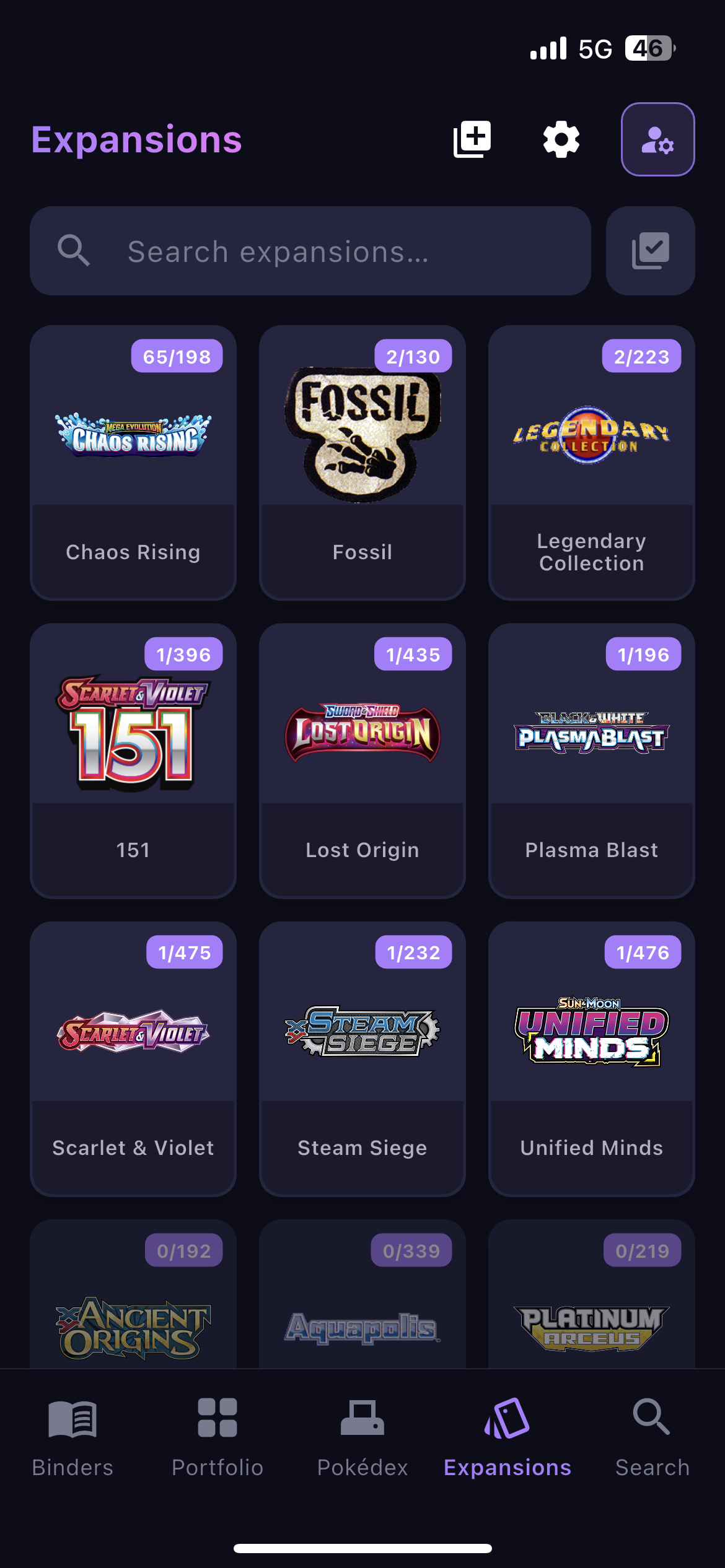 BinderWiz Pokemon TCG set completion progress screen
