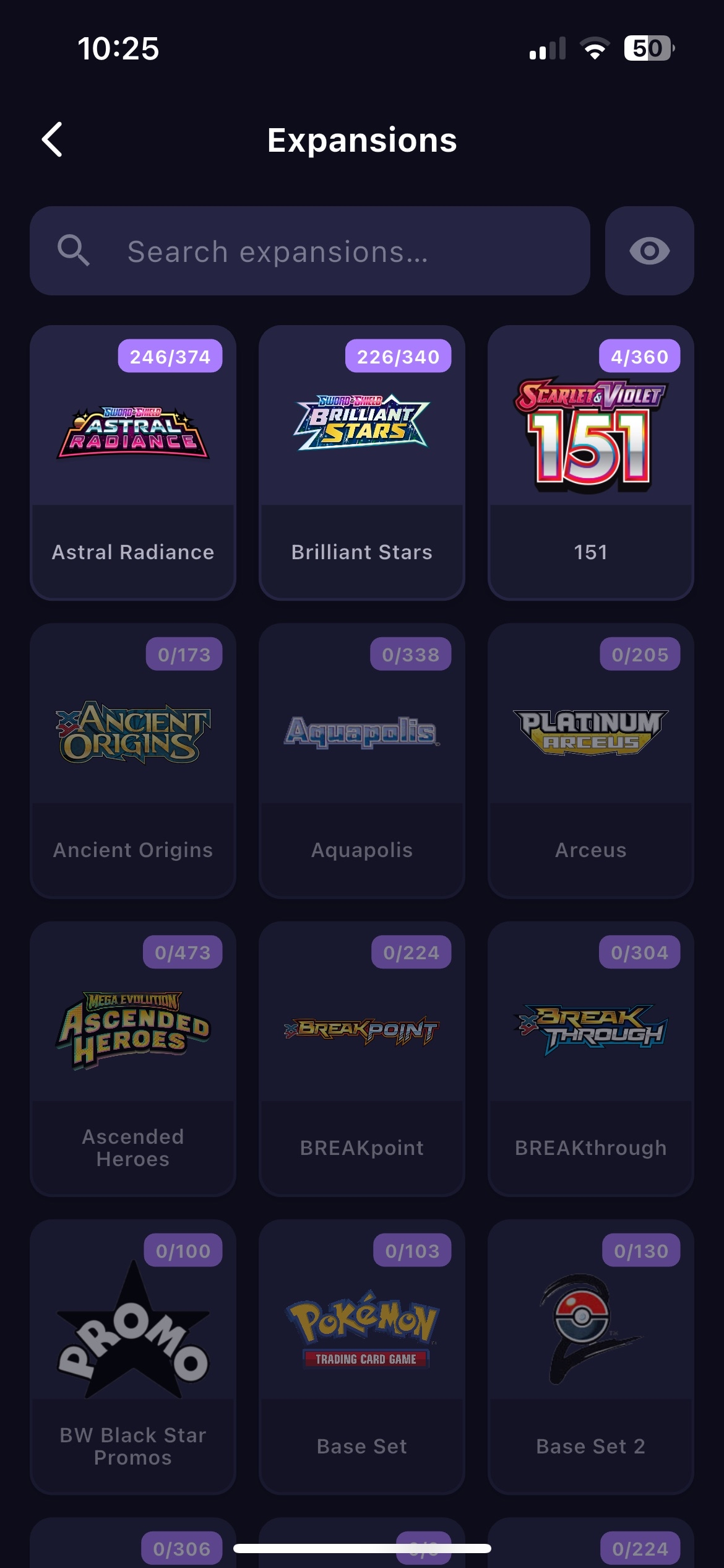 BinderWiz Pokemon TCG set completion progress screen
