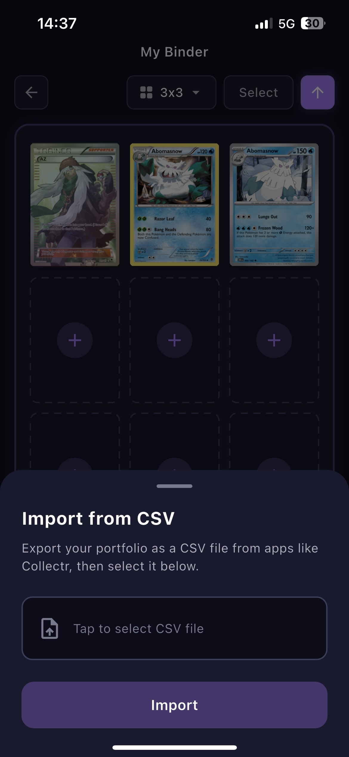 BinderWiz CSV import screen for moving a Pokemon TCG collection from other apps