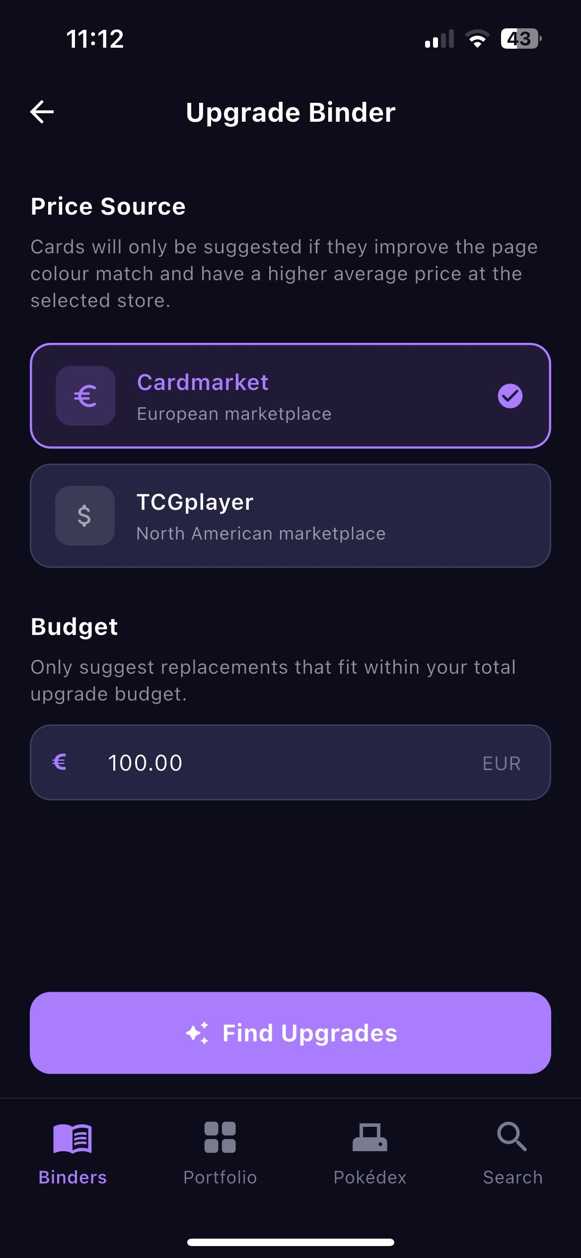 BinderWiz color matched binder recommendations screen