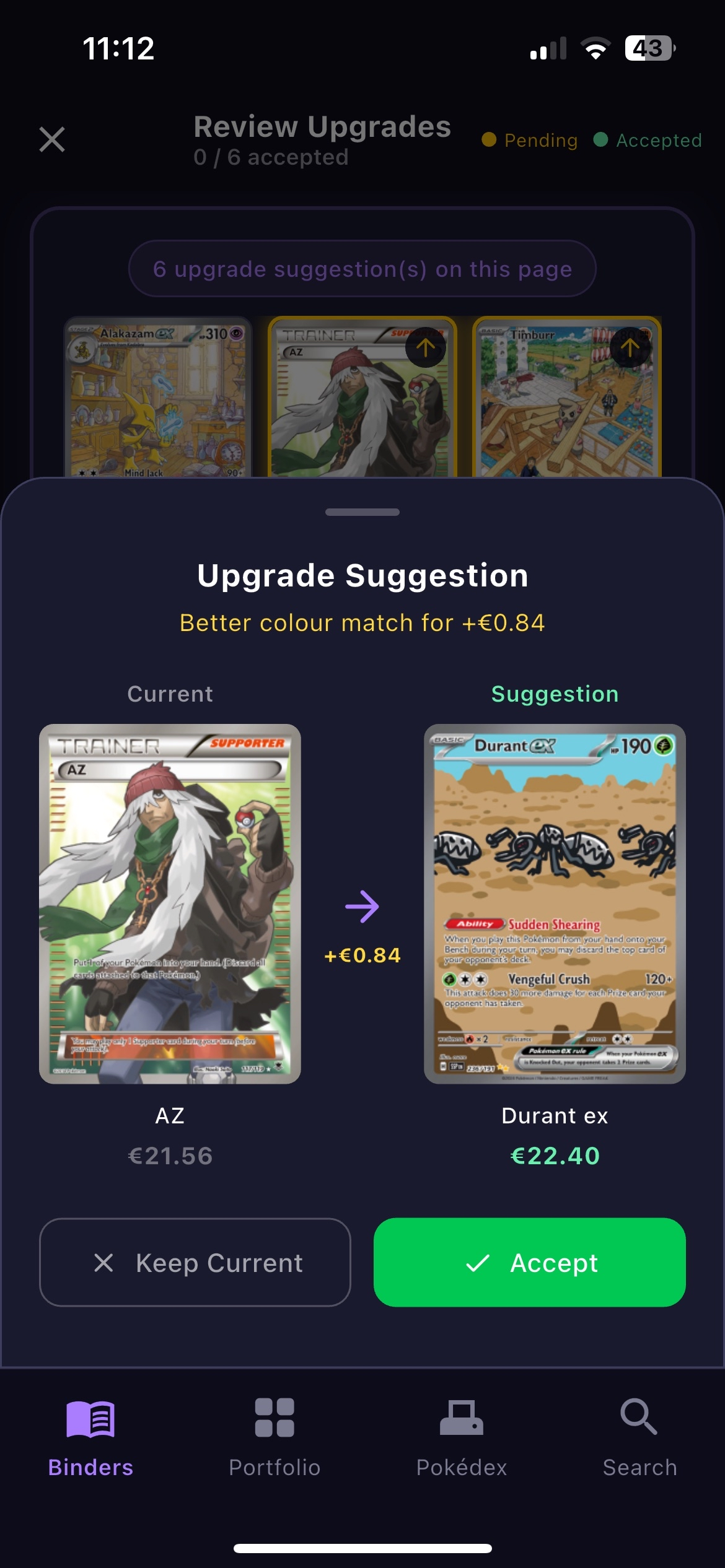 BinderWiz binder page upgrade suggestions screen