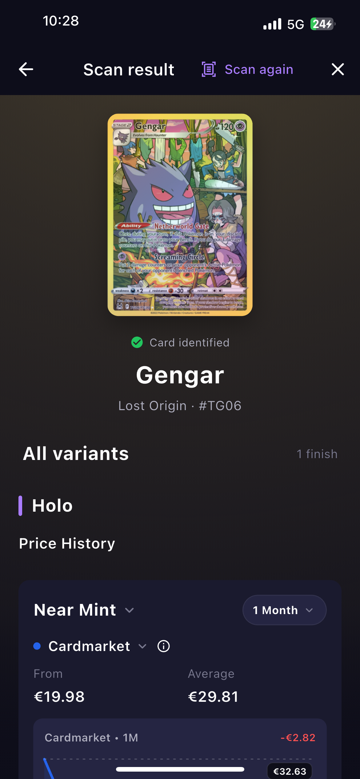 BinderWiz card scanner identifying Gengar with variants and price history
