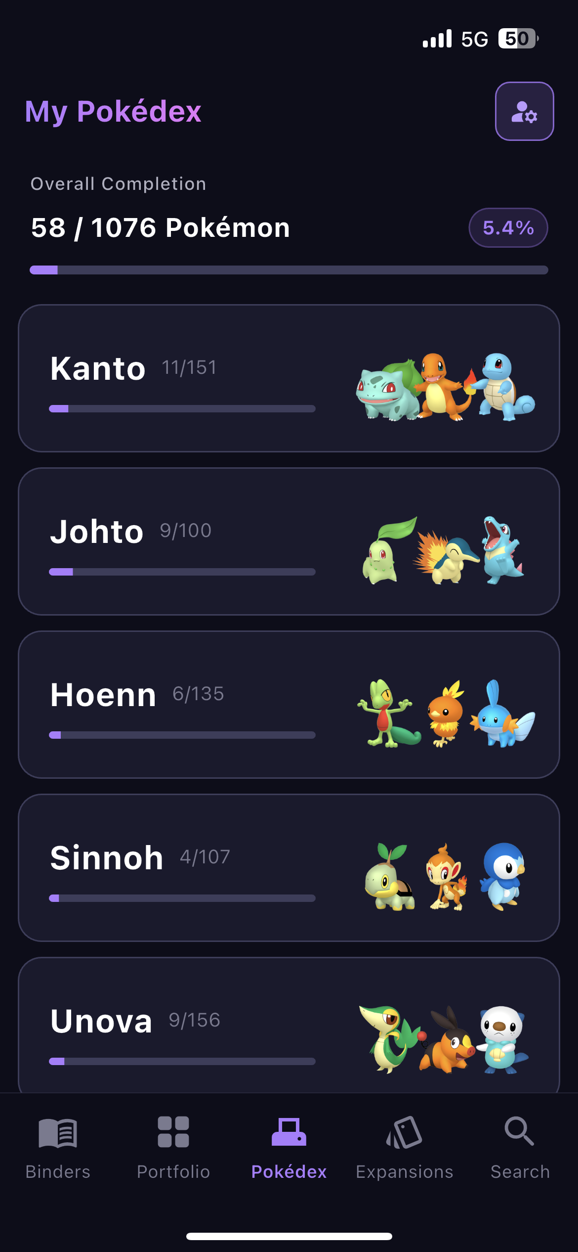 BinderWiz Pokemon TCG Pokedex completion screen